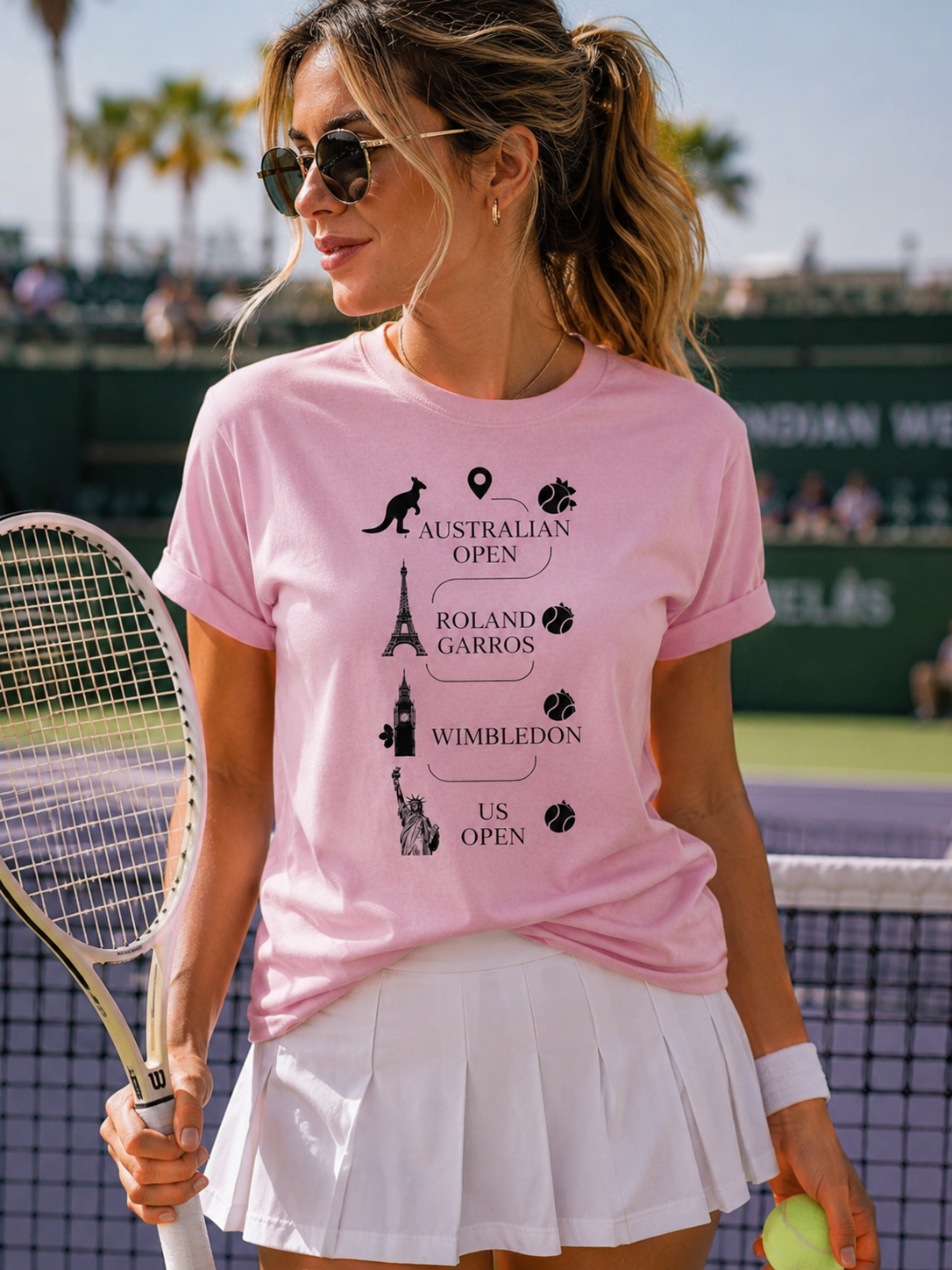 A woman on a tennis court wearing a light pink graphic T-shirt with black text and illustrations for Australian Open, Roland Garros, Wimbledon, and US Open, paired with a white tennis skirt and holding a tennis racket.